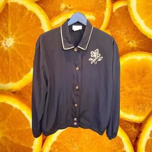 Vintage Teddi Black Button Up Jacket with Elastic Sleeves and Waist Size Medium